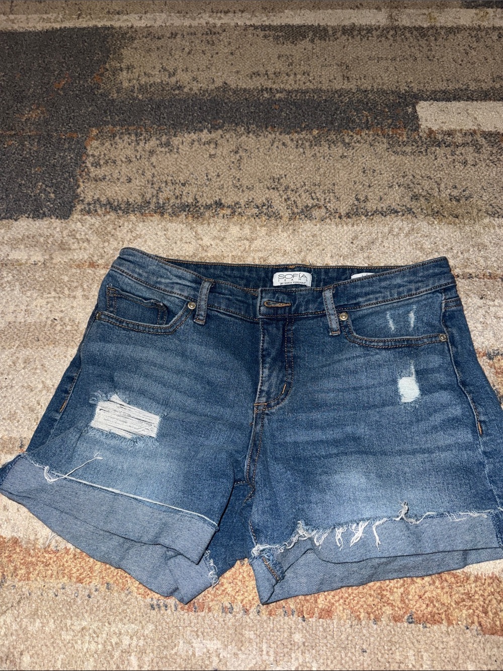 High-Rise Distressed Denim Shorts in Blue